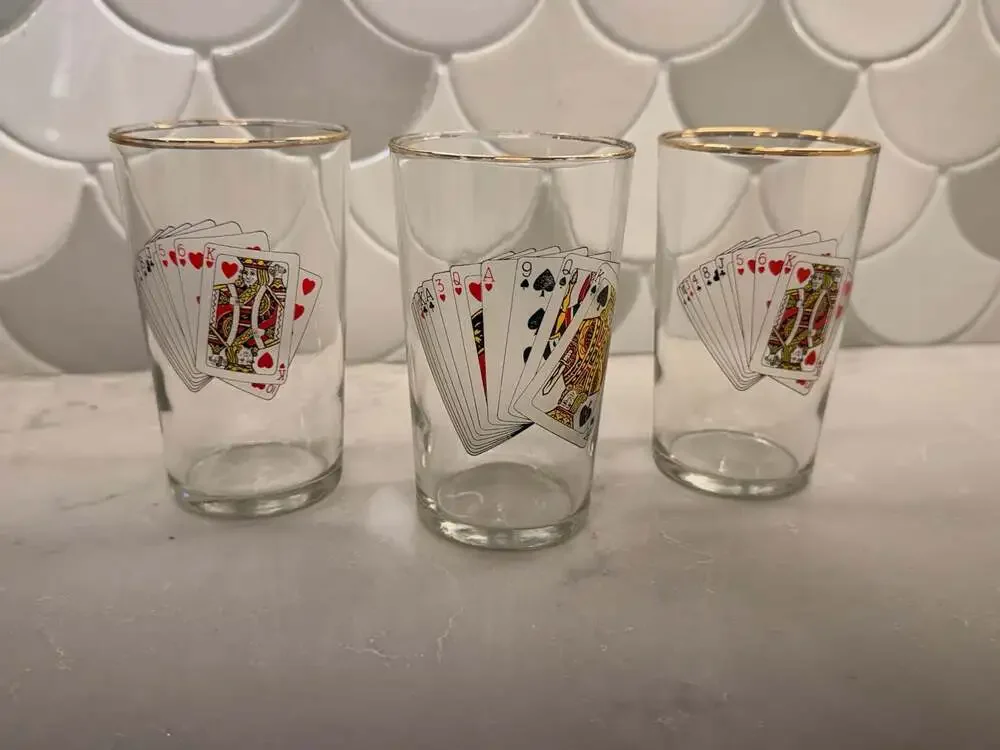 1980s Vintage Boho Chic Highball Deck of Cards Motif Tumblers - Set of 3